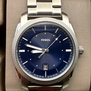 Fossil Machine FS5340 Mens 42mm Blue Dial Stainless Steel Quartz Date NIBWT